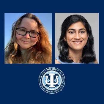 Two smiling individuals are pictured against a blue background, each in separate squares. Below them is the Psi Chi International Honor Society in Psychology emblem, featuring a torch and laurel design.