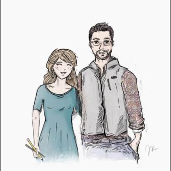 Illustration of cartoonist and professor. The man sports glasses and a vest, while the woman wears a teal dress and holds paintbrushes. They stand closely together against a white background.