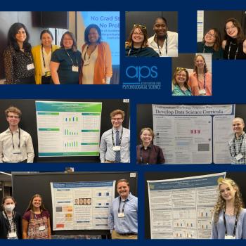 Collage of people standing by research posters and posing at an event, with APS (Association for Psychological Science) signage visible in one photo.