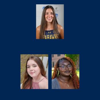 A photo collage of three women: one at the top in an athletic jersey, and two at the bottom, one with long brown hair and one with long braids and glasses.