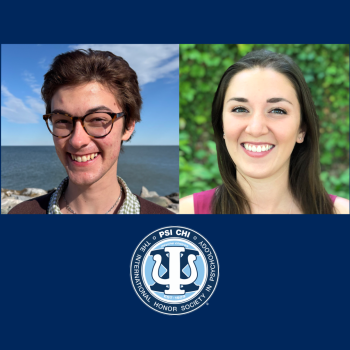 Two people smiling, one standing by a rocky shoreline and the other in front of greenery, above the Psi Chi International Honor Society in Psychology logo on a blue background.