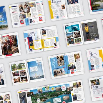 Pages of a booklet are laid out in a grid, displaying colorful pages with photos, text, and graphics about campus life and student activities.