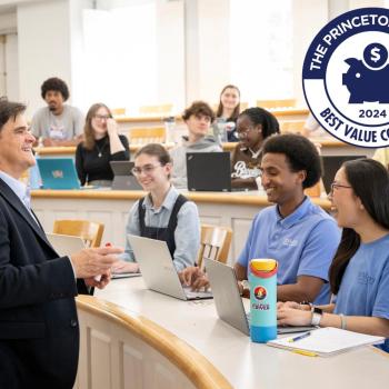 A professor speaks to students in a classroom; several students are seated with laptops. A "Princeton Review Best Value Colleges 2024" badge is displayed in the upper right corner.
