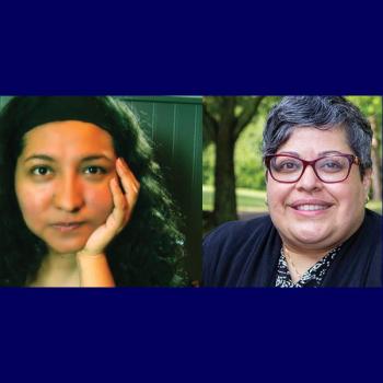 Two women are shown side by side; the woman on the left has curly hair and rests her face on her hand, while the woman on the right has short hair, glasses, and is smiling.