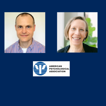 Two people, one man and one woman, are shown in separate headshots above the American Psychological Association logo on a blue background.