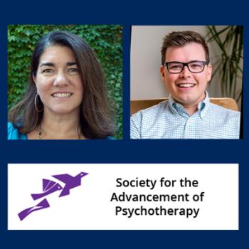 Two people are pictured in individual portrait photos above the Society for the Advancement of Psychotherapy logo with stylized purple birds.