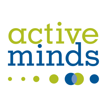 The image shows the words "active minds" in green and blue text above a row of five green and blue dots on a white background.