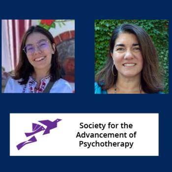 Two women’s headshots are shown above the Society for the Advancement of Psychotherapy logo featuring a purple origami bird.