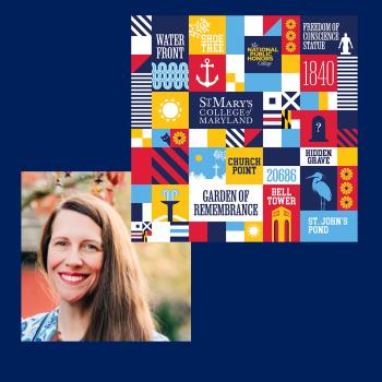 A woman with long brown hair smiles outdoors; next to her is a colorful graphic featuring icons and text related to St. Mary’s College of Maryland.