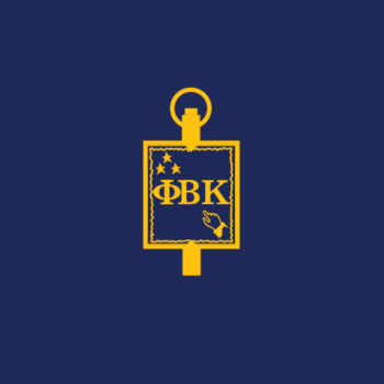 A gold emblem with Greek letters, three stars, and a pointing hand on a blue background, resembling a flag or banner with a circular handle at the top.