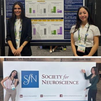 Two women stand in front of a scientific poster in one photo and in front of a Society for Neuroscience banner in another, at a conference.