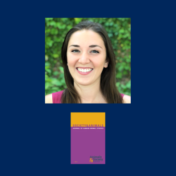 A woman smiling in front of greenery is shown above the cover of the journal "Society & Animals" against a dark blue background.