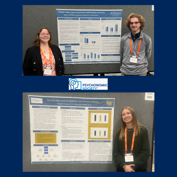 Two pairs of people stand beside academic research posters at a conference, all wearing name badges and smiling at the camera. Psychonomic Society logo is displayed in the center.