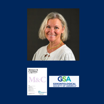 A woman smiling at the camera is shown above the Memory & Cognition journal cover and the Gerontological Society of America logo on a blue background.