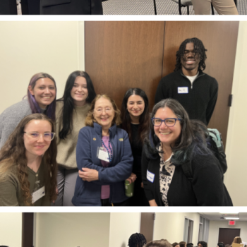 Three photos: two women presenting a research poster, a group of people smiling at the camera, and a crowd conversing at an indoor academic event.