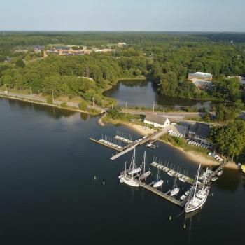 Aerial view of a marina with sailboats docked at piers, surrounded by shoreline buildings, trees, and a pond, with a forested area and fields in the background.