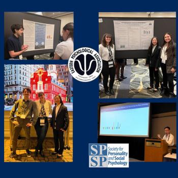 Four photos show individuals presenting research posters, posing at an event, and giving a talk, alongside logos for the Eastern Psychological Association and the Society for Personality and Social Psychology.