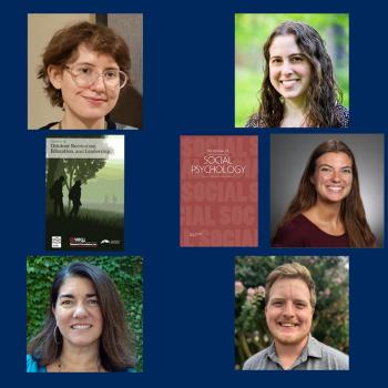 A collage of five people’s headshots arranged around two book covers, all on a blue background.