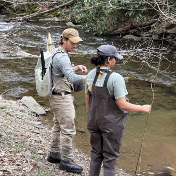 Two people in waders stand on a rocky riverbank with fishing gear, facing the water and preparing to fish in the stream.