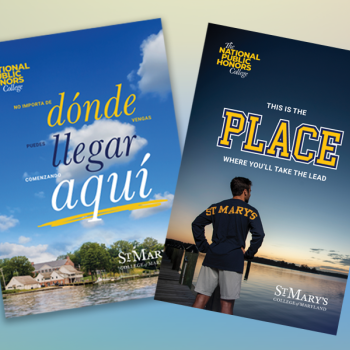 Two St. Mary's College of Maryland brochures; one in Spanish with a riverside background, one in English showing a student by the water at sunset.