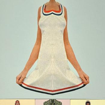 Artwork by Sue Johnson: Small Combine V. 6 (Cool Cat), 2025, acrylic and wax painting with archival pigment print and image transfer on paper mounted on wood panel, 32x18 inches. The image shows a stylized illustration of a woman in a white dress with red and blue trim, above three smaller images of models showing different 1960s-style outfits.