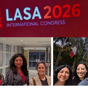 Collage with "LASA2026 International Congress" logo above two photos of four people standing together indoors and outdoors, smiling at the camera.