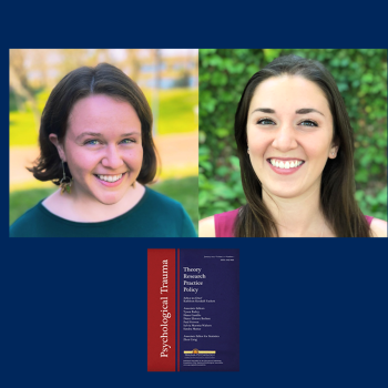 Two women smiling outdoors are pictured above a journal cover titled “Psychological Trauma: Theory, Research, Practice, Policy” on a solid blue background.