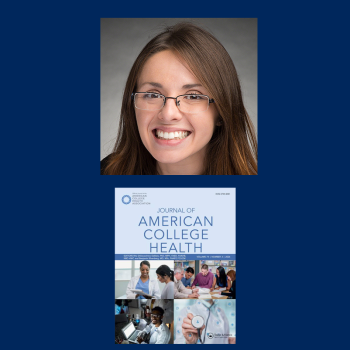 A woman with glasses smiles at the camera above a cover of the Journal of American College Health, which features healthcare professionals and students.
