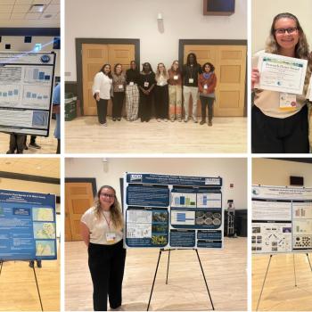 A collage of six images showing students presenting research posters, receiving certificates, and posing in a conference room setting.