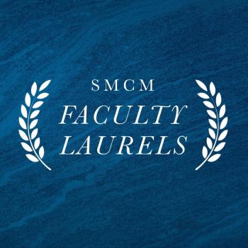 Text reading “SMCM FACULTY LAURELS” flanked by white laurel branches on a dark blue textured background.