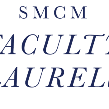 Logo for SMCM Faculty Laurels, featuring the text framed by two laurel branches.