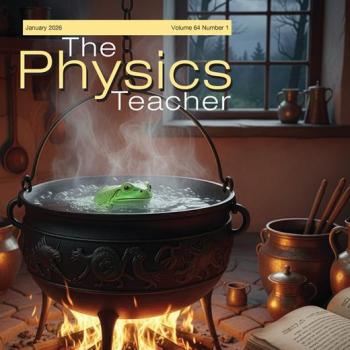 The Physics Teacher magazine cover for January 2026, showing a green frog in a steaming cauldron over a fire.