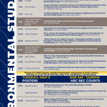 Schedule for the 2026 Environmental Studies Senior Experience Symposium featuring presentation titles, times, presenters, and locations for Monday, May 4 at Cole Cinema, 8:30 AM–12:30 PM.