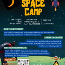 A promotional flyer for Space Camp at St. Mary’s College of Maryland, detailing dates, location, activities, cost (free), and contact information.