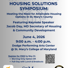 Flyer for the Southern Maryland Housing Solutions Symposium on June 4, 2026, at St. Mary's College, featuring MD Secretary of Housing Jacob Day as keynote speaker.