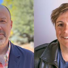 Two people are shown side by side; the person on the left is outdoors wearing a blazer, while the person on the right is indoors wearing a leather jacket and t-shirt, smiling at the camera.