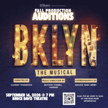 Audition poster for “BKLYN The Musical” at Bruce Davis Theater, September 14, 2026, 7 PM. Includes director, music, and choreography credits, and a QR code for info.