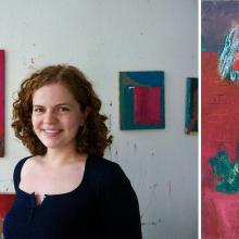 A woman with curly hair stands in front of colorful paintings in a studio; a close-up of one painting, featuring a person with an umbrella, is shown on the right.