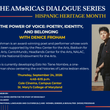 Promotional flyer for an event with Denice Frohman on poetry, identity, and belonging, featuring event details and a photo of Frohman standing against a plain background.