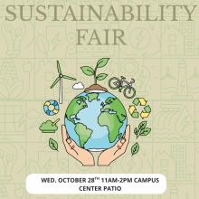 Sustainability Fair flyer for Wednesday, October 28th, 11am-2pm at the Campus Center Patio.