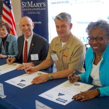 Pictured: (L-R) Bonnie Green, executive director, The Patuxent Partnership; Ashley Johnson, NSWC IHEODTD technical director; Scott Kraft, NSWC IHEODTD commanding officer; Tuajuanda C. Jordan, St. Mary’s College president