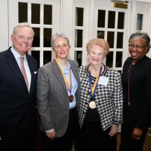 Chairman of the Board of Trustees Sven Holmes, Trish Cole, Loretta “Tiny” Taylor, president of St. Mary’s College of Maryland Tuajuanda C. Jordan. 