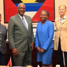 President Tuajuanda C. Jordan was hosted by Sir Rodney Williams, Governor General of Antigua and Barbuda, in Antigua Nov. 5-6, 2018. Here she is pictured with His Excellency (center), Lady Williams (left), and Barbara Paca, O.B.E., cultural envoy (right).