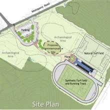 commemorative site plan in relation to the Jamie L. Roberts Stadium pictured