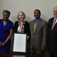 Pictured: (L-R) St. Mary’s College of Maryland President Tuajuanda C. Jordan, Professor of Anthropology Julia A. King, Charles County Board of Commissioners President Rueben B. Collins II, and Michael Sullivan, local developer and entrepreneur. 