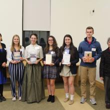 (left to right) Angie Draheim (SMCM Zeta Chapter vice president), Faith Bouch (Chopticon), Heather Mae Gilmore (Leonardtown), Siera Kerley (King’s Christian), Christine Shatrowsky (St. Mary’s Ryken), Ryan Rex (Great Mills), and Laraine Glidden (SMCM distinguished professor emerita, psychology and human development).