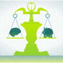 Scale pictured with brain on one side and piggy bank on the other