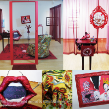 Multiple views of gallery installation of a surreal room.