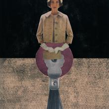 Sue Johnson, “Self-Erasing Woman,” Hall of Portraits from The History of Machines, acrylic over print on canvas from artists original image with imprinting from daisy-pattern fabric, 2020