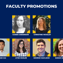 Graphic that Reads "Faculty Promotions" and includes six images of faculty members who have been promoted 